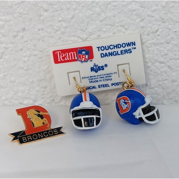 NFL Jewelry - Team NFL Touchdown Danglers Earrings Mini Denver Broncos Helmets & Tac Pin Lot